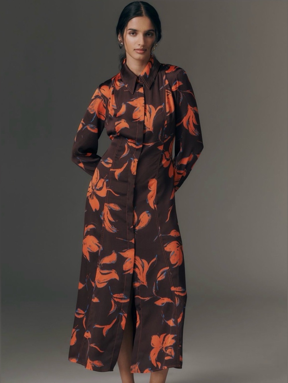 NWT Anthropologie Satin Long Sleeve Satin Floral Shirt Dress